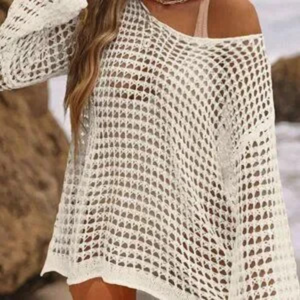 Beige Leisure Women's Holiday Beach Suit Cover-Up with Hollow-Out Design